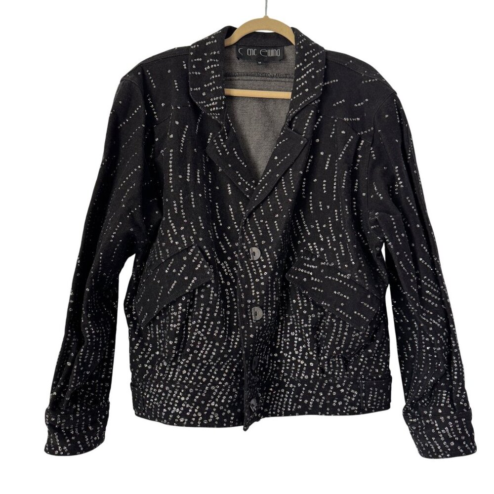 Gene Ewing BIS Black Denim Jacket Glitter Embellished 100% Cotton Made In USA, M